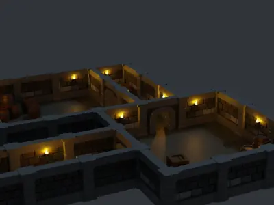 Dungeon room with lights and barrels Low-poly 3D model