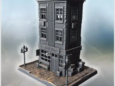 Old bookshop with large windows brick facade benches streetlight 3D print model