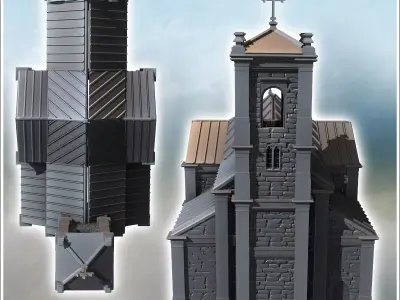Modern Christian church with steeple stained glass windows and z 3D print model