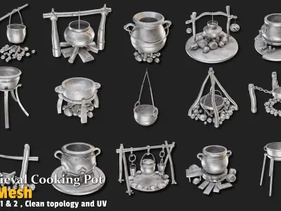 15 Medieval Cooking Pot Base Meshes 3D model