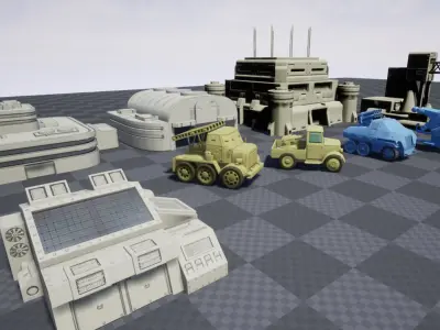 Set of Cartoon Tanks and Buildings Low-poly 3D model