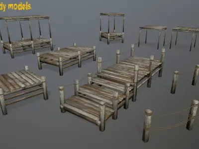 Wooden Pier Set Low-poly 3D model