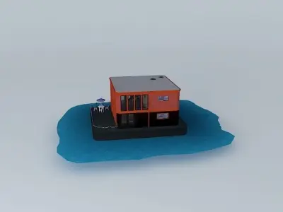 Houseboat orange building floating in water Free 3D model