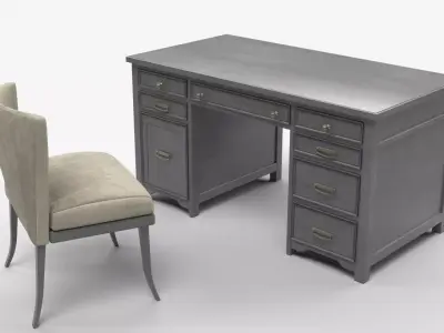 Gray Wooden Office Desk with Upholstered Chair 3D model