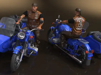  Biker on Retro Classic Blue Motorcycle with Sidecar 