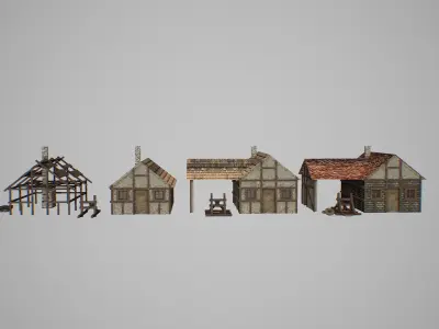 Armory group of wooden buildings Low-poly 3D model