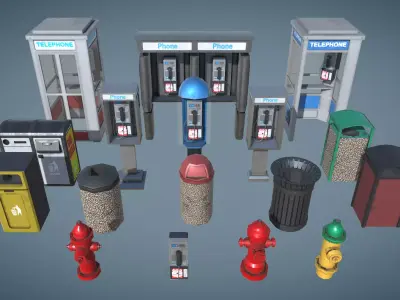 PhoneBooth Firehydrant Garbage bin Low-poly 3D model