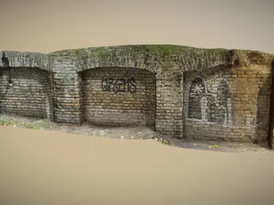 Scanned photorealistic brick and wood crumbling wall  Low-poly 3D model