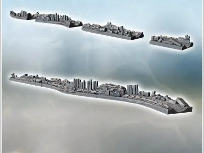 Barrier made of sandbags barrels and debris arranged along a def 3D print model