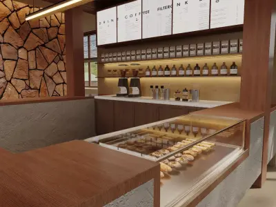 Modern Wooden Coffee Shop Interior 3D model