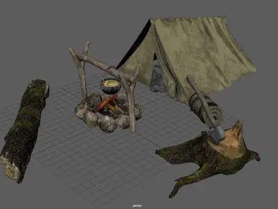 CAMPING tent and logs in woods 3D model