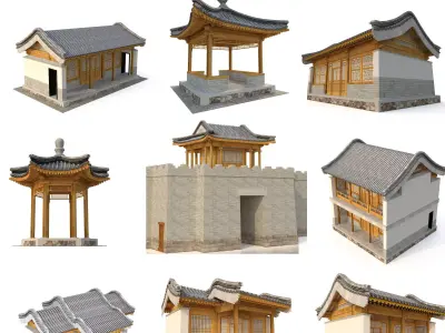 3D Chinese ancient architecture nine in one Low-poly 3D model