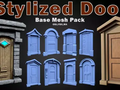 60 Stylized Door Base Mesh pack Low-poly 3D model