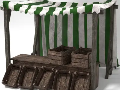 Medieval Market Stall Tent Green and White 3D Model with Crates Low-poly 3D model