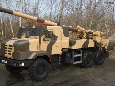  155mm Self-Propelled Howitzer On Military Truck Desert Camouflage 