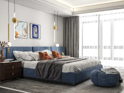 blue and gray velvet bed - bedroom 3d scene 3D model