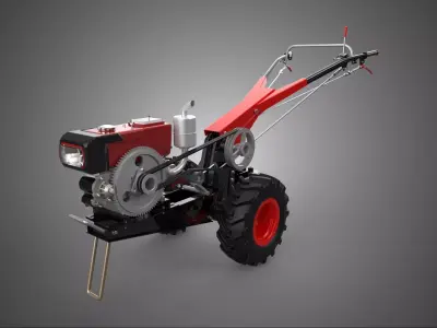 RED DIESEL ENGINE HAND WALKING TRACTOR POWER TILLER MACHINE FARM 3D model