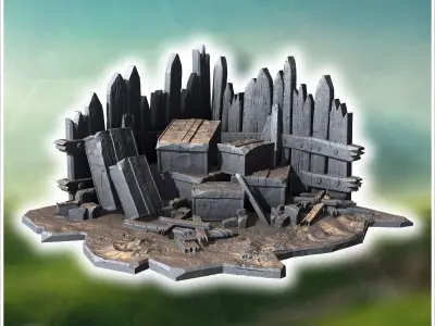 Pile of broken crates wooden planks and debris against a fortifi 3D print model