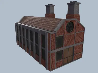 Factory brick building with two chimneys Low-poly 3D model