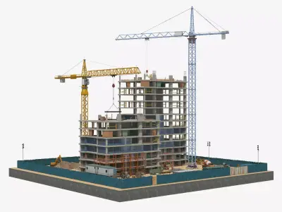Two Tower Building Under Construction Scene Low-poly 3D model