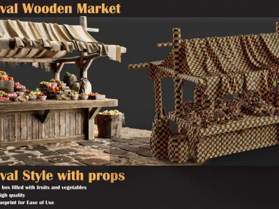 Medieval Wooden Market Pack Set 5 With Props 3D model