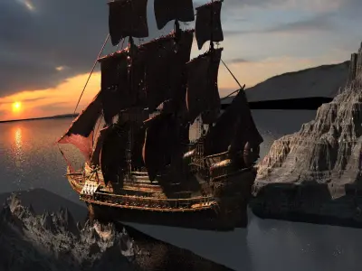 Tudor King Henry Ship With Mountain 3D model