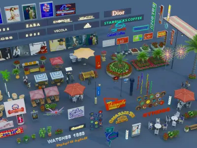 Ultimate Outdoor Commercial Street Kitbash Low-poly 3D model