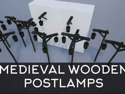Lowpoly Medieval Wooden Postlamps Low-poly 3D model