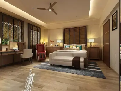 Bedroom Model with wooden flooring and ceiling fan 3D model
