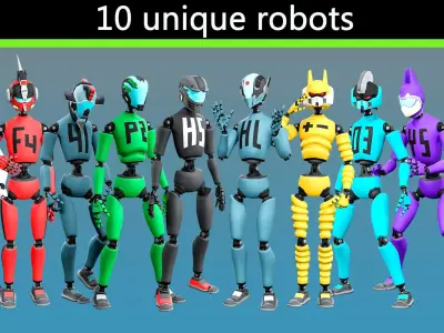 10 unique robots Low-poly 3D model
