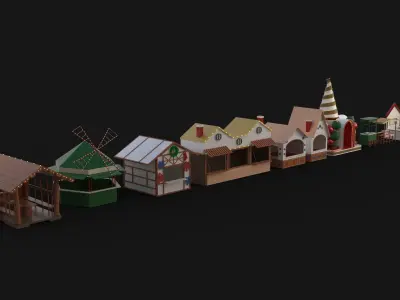 11 Piece Christmas buildings markets and stands Low-poly 3D model