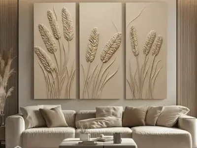 Modern Botanical Relief Wall Decor Set STL Mural CNC 404 3D model