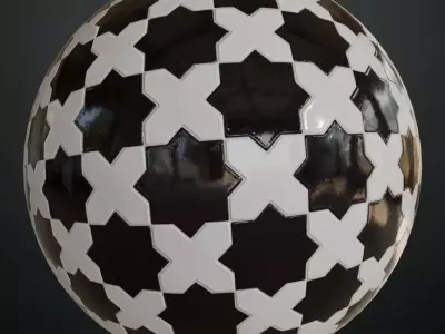 Modern Glossy Black and White Moroccan Star and Cross Tiles PBR  Texture
