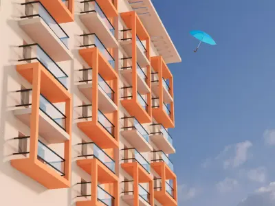apartment building with umbrella flying in sky Low-poly 3D model