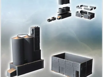 Set of two buildings with a large double storage silo 2 - Modern 3D print model