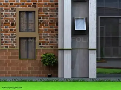 Building brick with grass in front 3D model