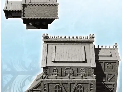 Large medieval half-timbered building with spiked roof and side  3D print model