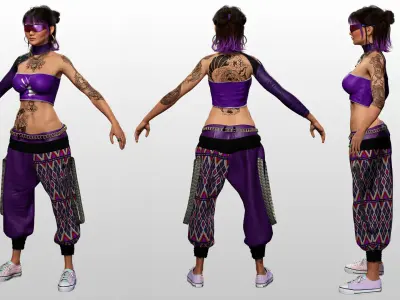 Asian Realistic Tattooed Female Character Game Ready Low-poly 3D model