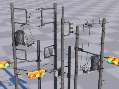 Tokyo Poles and Traffic Lights - Textures - UV UDIM - 7 pieces Low-poly 3D model