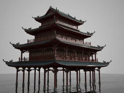 Multi story wooden structure house Low-poly 3D model