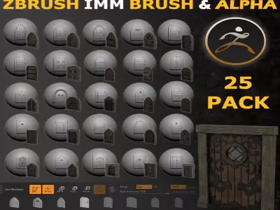 Zbrush Massive Medieval Door IMM and Alpha 50 Brushes  Low-poly 3D model