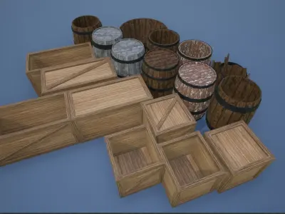 Lowpoly Crate-Barrels-Wicker Basket Collection 3D Model Pack
