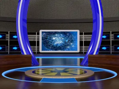 Virtual set tv studio with lights and woman 3D model