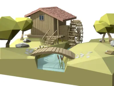 Watermill isometric landscape village low poly Low-poly 3D model