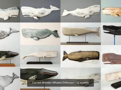 Carved Wooden Whales Collection 3D Model Pack