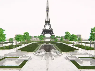 Eiffel Tower and Trocadero Gardens Paris Land Low-poly 3D model