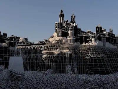 Castle in middle of waterfall Low-poly 3D model