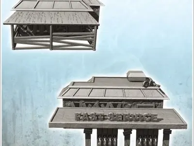 Barricaded post-apocalypse gas station with pumps and signs 2 -  3D print model