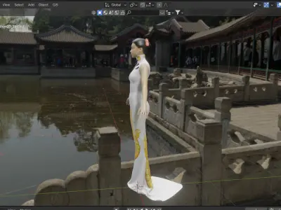 Embroidery golden dragon Chinese traditional party dress Low-poly 3D model