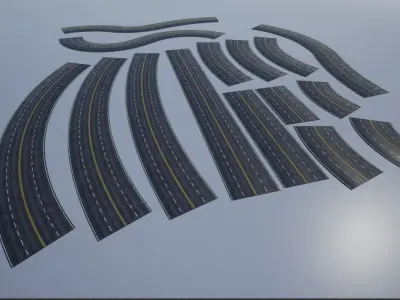 Modular Cracked 4-Lane Highway Roads 4K-2K Low-poly 3D model